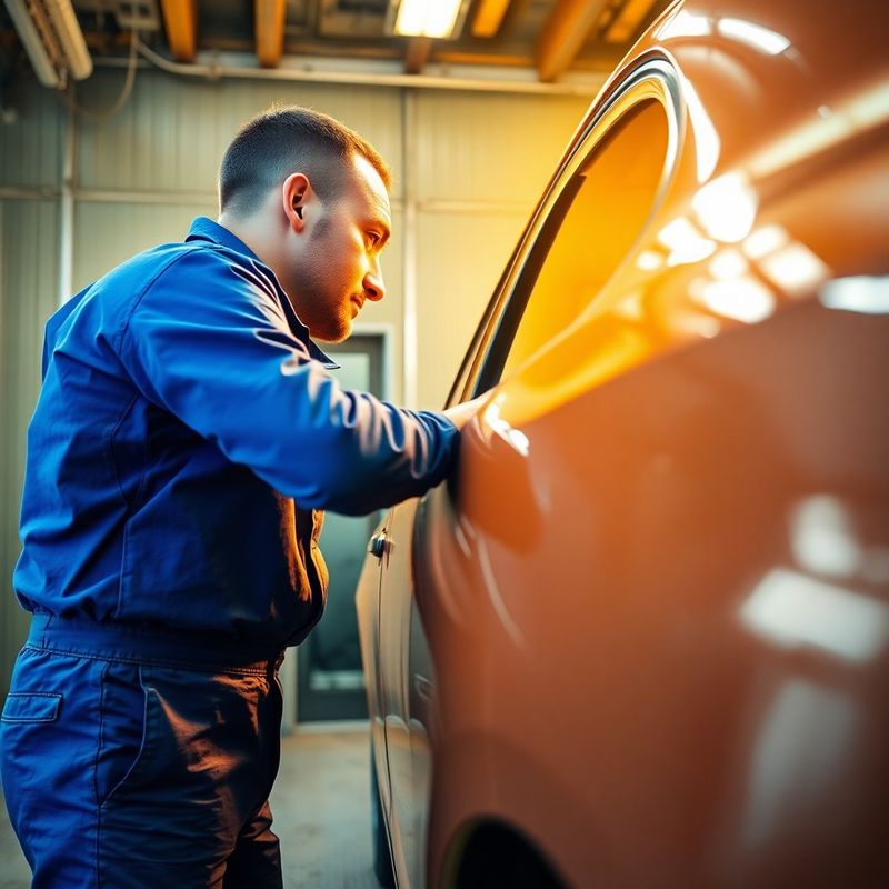 Tehnician inspectând panoul auto reparat în cabina de vopsit