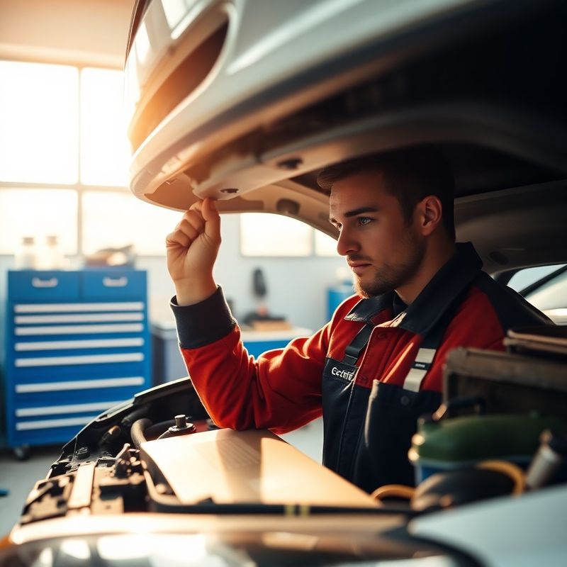 Tehnician verificând nivelul de ulei la un motor auto